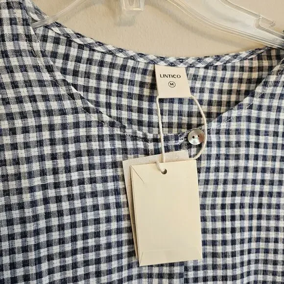 Lintico Linen Check Long Sleeve Midi Dress Firth Medium Blue and White - Picture 2 of 6
